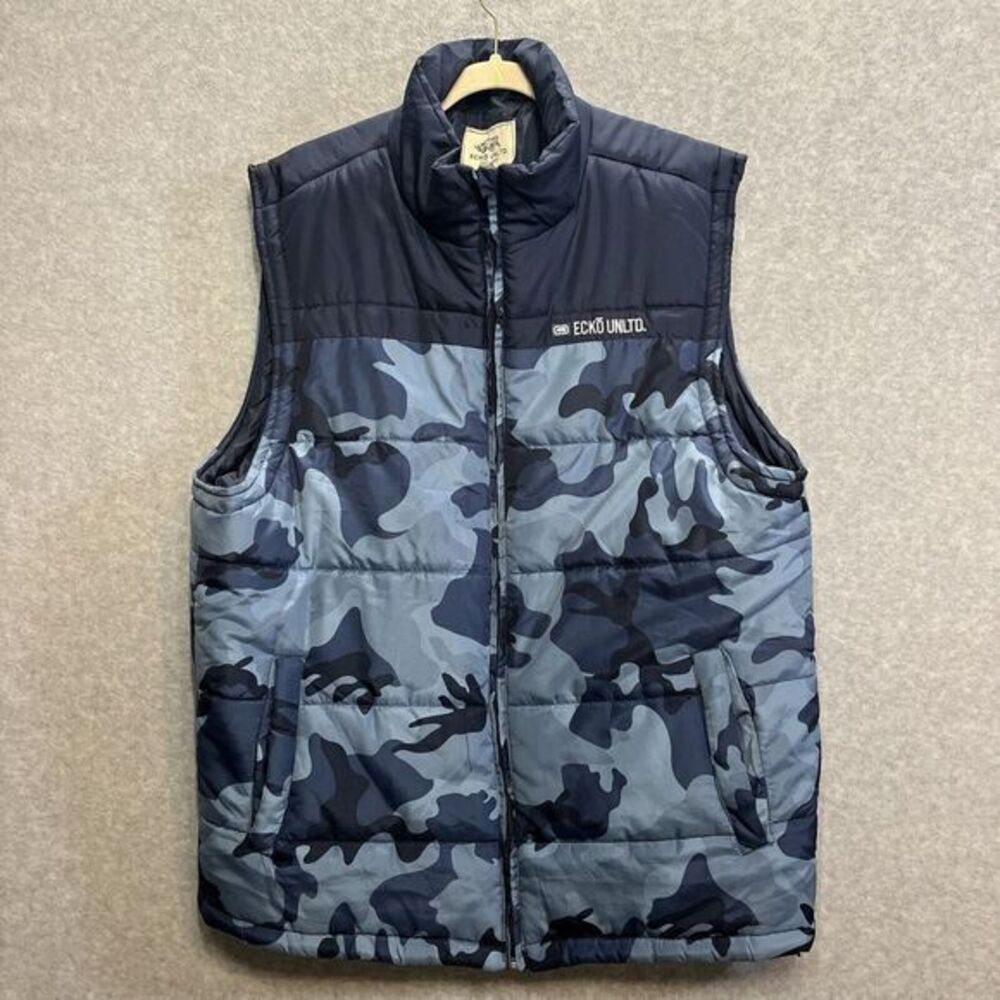 Ecko Unlimited‎ Mens XL Puffer Camo Vest Jacket Blue Camp Y2K  90's